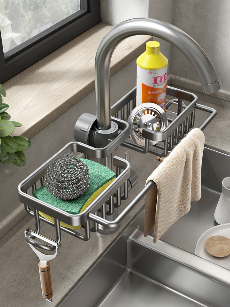 Space Aluminum Faucet Rack – Multi-Functional Sink Drain Storage Organizer