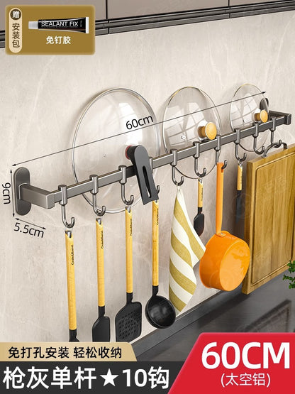 Punch-Free Wall-Mounted Kitchen Hook Rack – Multi-Functional Space Aluminum Storage