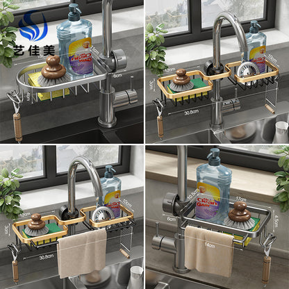 Space Aluminum Faucet Rack – Multi-Functional Sink Drain Storage Organizer